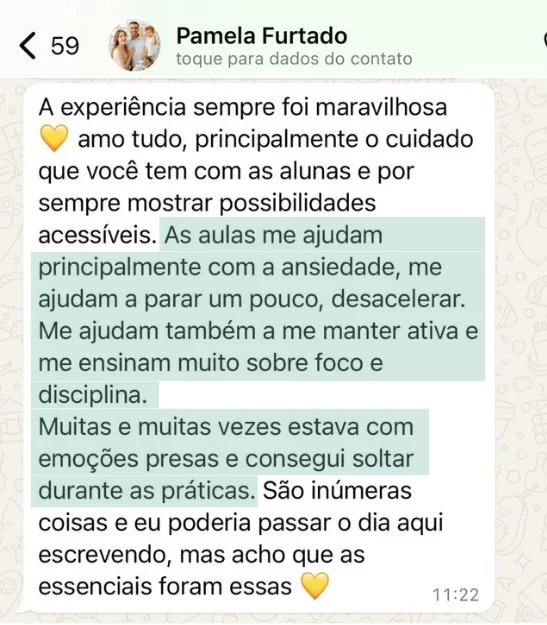 Depoimento de aluna no WhatsApp sobre as aulas da Ju Dias.